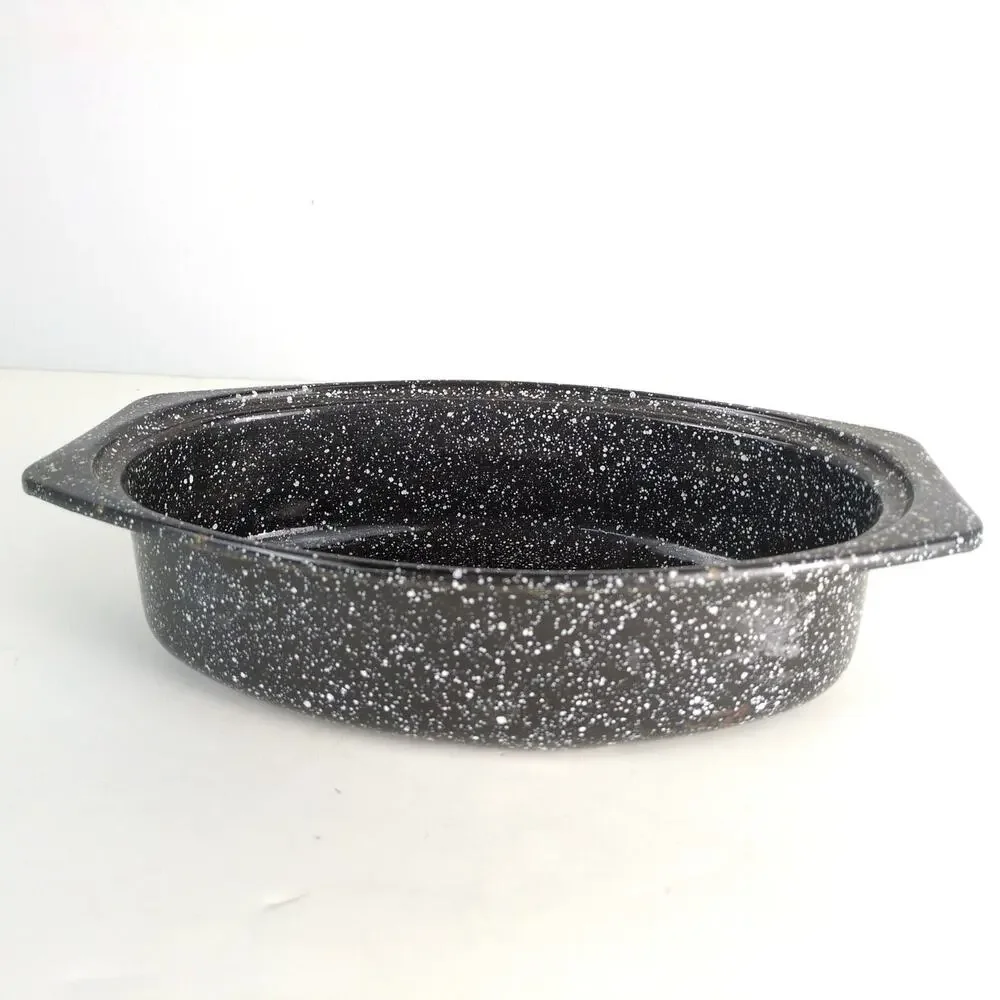 Vintage Black Graniteware Oval Small‎ Oven Roasting Pan, Speckled Enamel 13x8